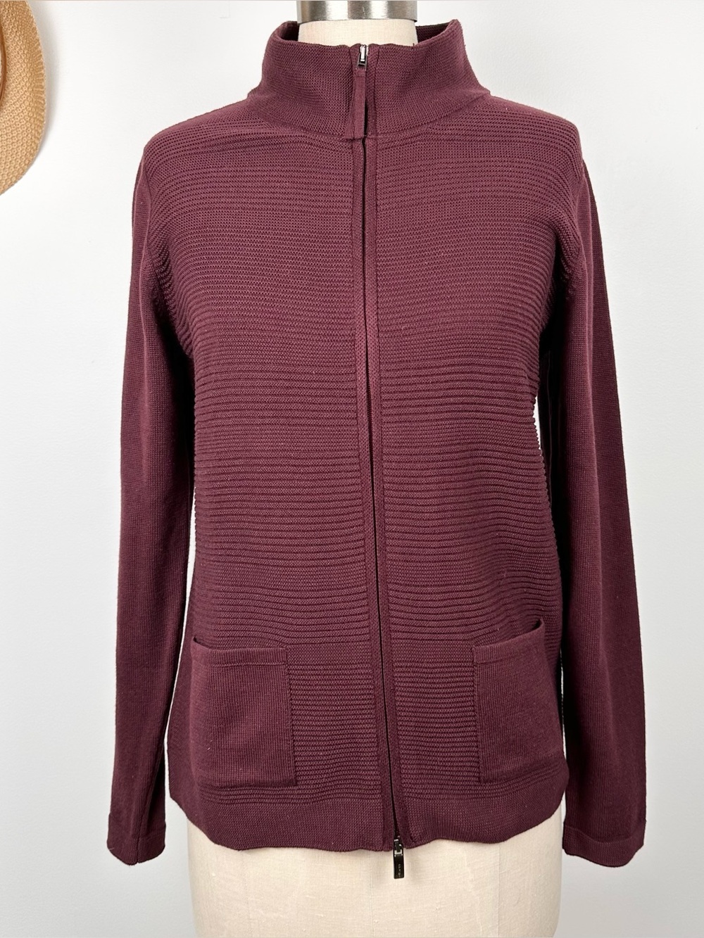 Olsen Long Sleeve Mock Neck Full Zip Ribbed Sweater Size Small Maroon Purple New